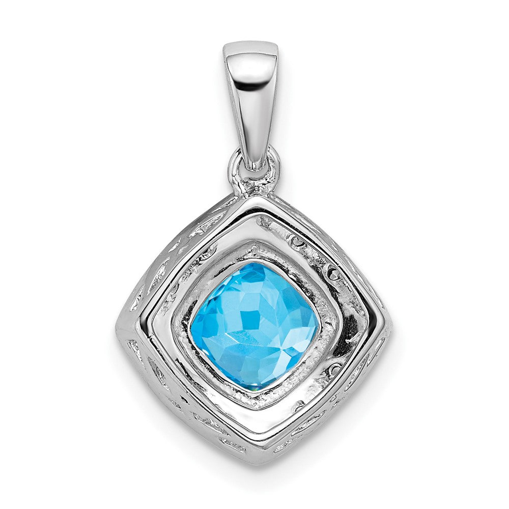 14k White Gold Cushion Blue Topaz and Diamond Pendant (2.2 grams)