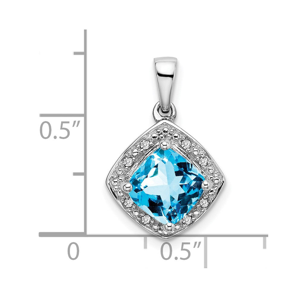 14k White Gold Cushion Blue Topaz and Diamond Pendant (2.2 grams)