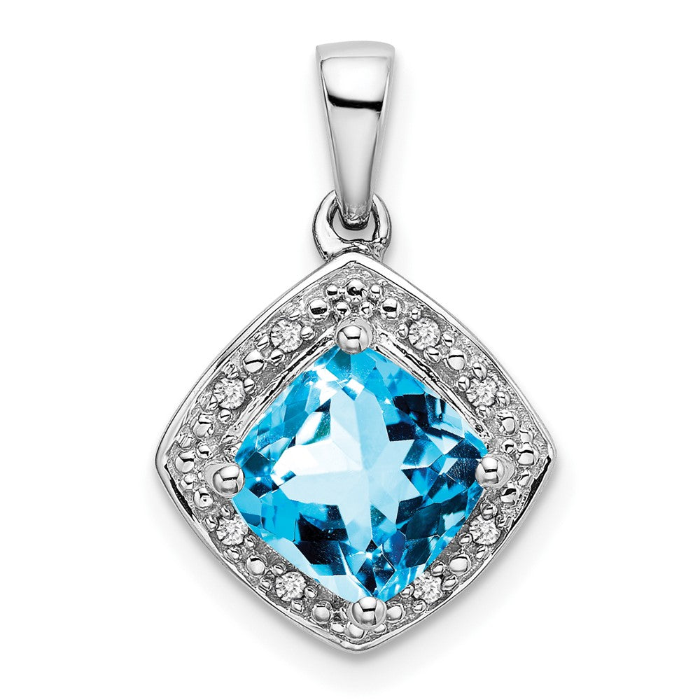 14k White Gold Cushion Blue Topaz and Diamond Pendant (2.2 grams)