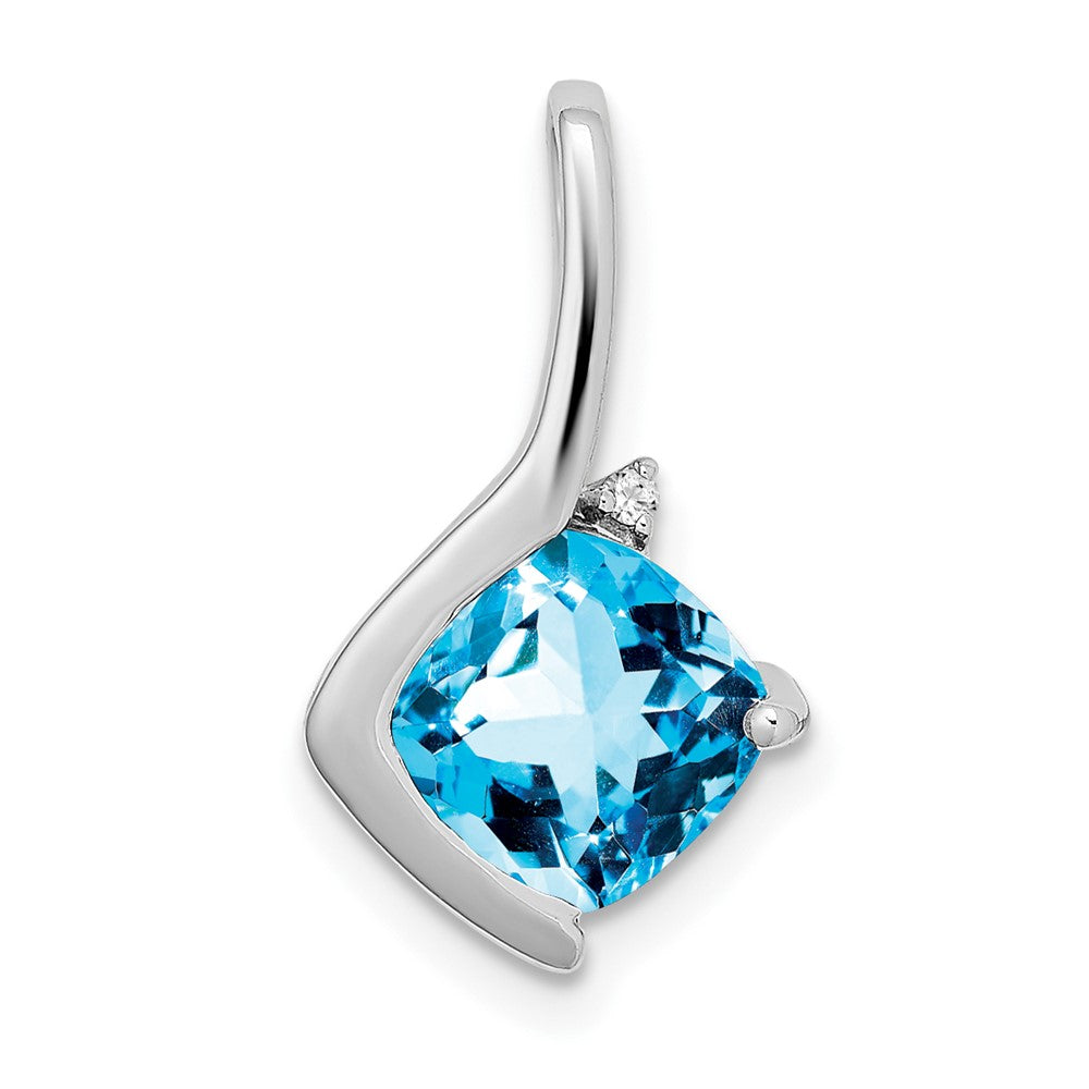 14k White Gold Cushion Blue Topaz and Diamond Pendant (1.2 grams)