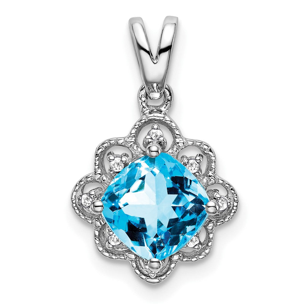 14k White Gold Blue Topaz and Diamond Scalloped Pendant (1.15 grams)