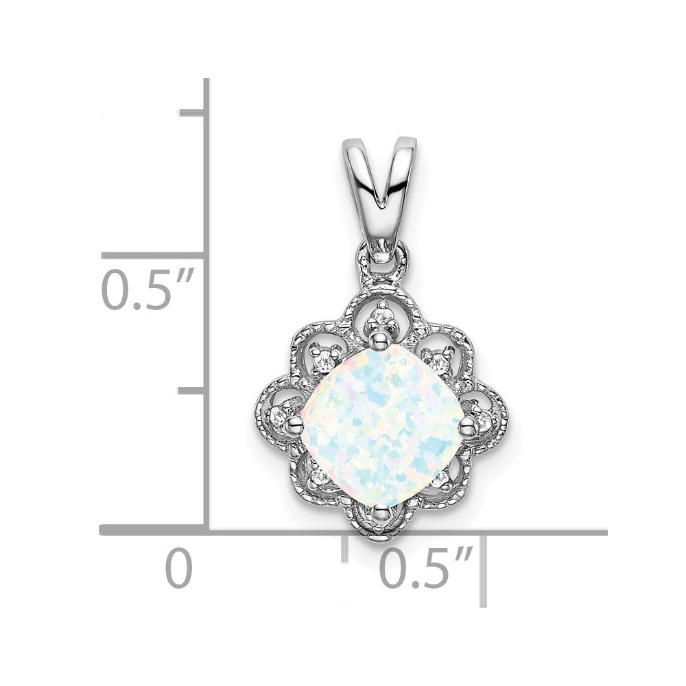 14k White Gold Created Opal and Diamond Scalloped Pendant (1.15 grams)