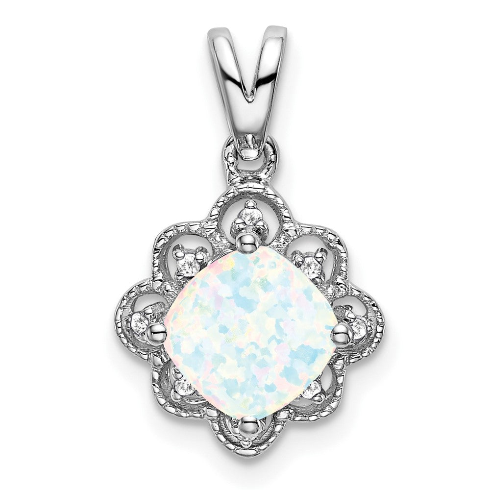 14k White Gold Created Opal and Diamond Scalloped Pendant (1.15 grams)