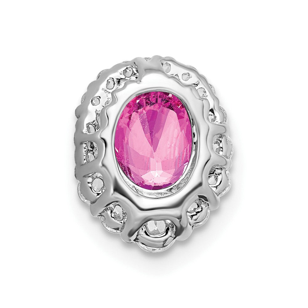 14k White Gold Oval Creat. Pink Sapphire/Diamond Halo Chain Slide (0.8 grams)