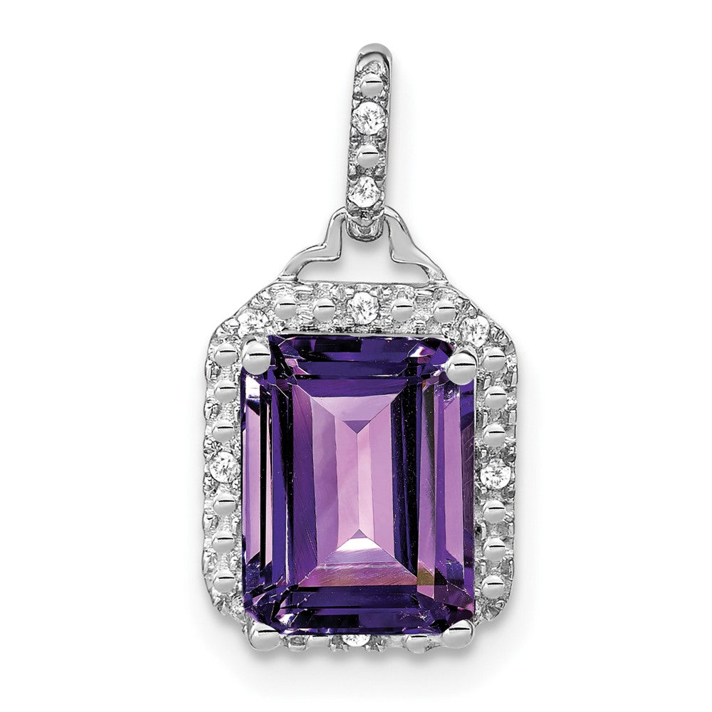 14k White Gold Emerald-cut Amethyst and Diamond Halo Pendant (1.55 grams)