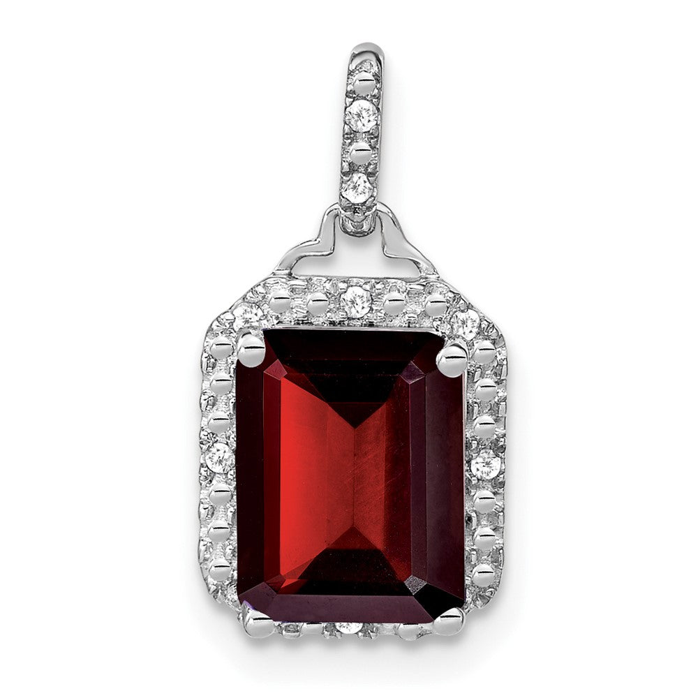 14k White Gold Emerald-cut Garnet and Diamond Halo Pendant (1.55 grams)