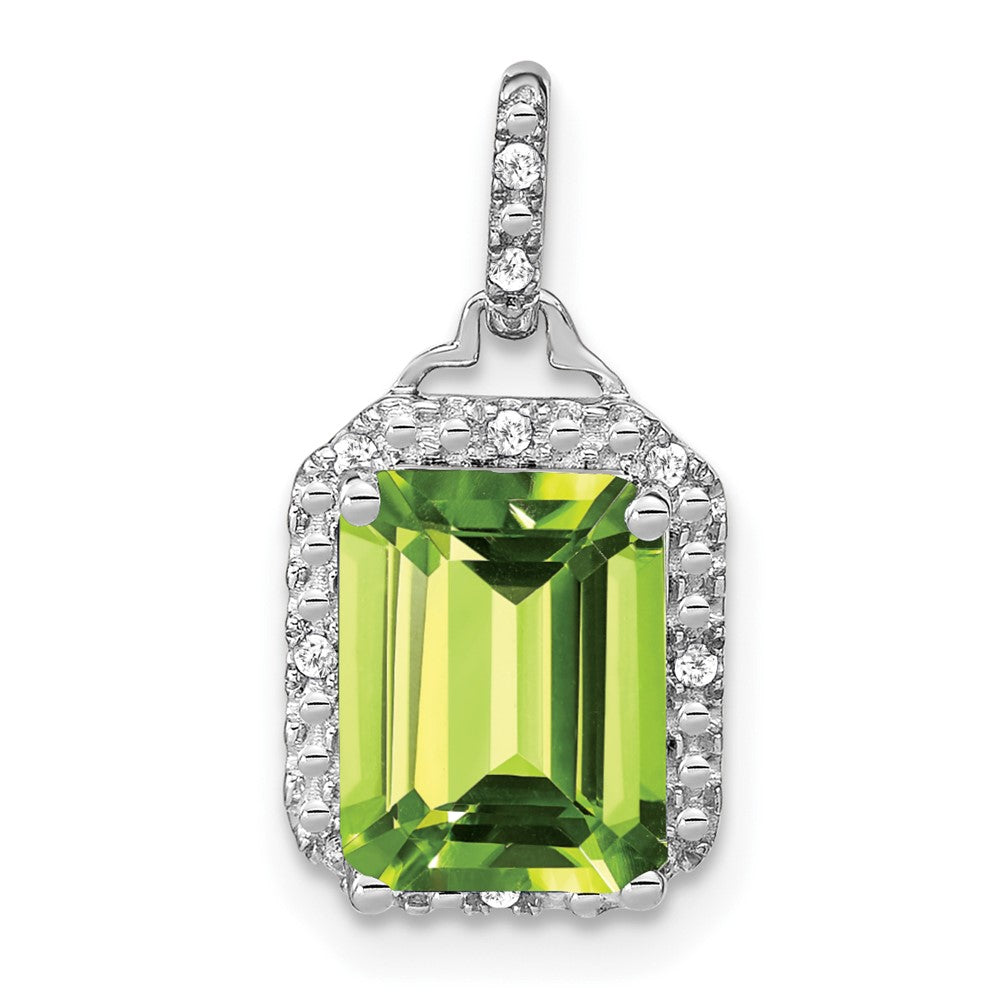 14k White Gold Emerald-cut Peridot and Diamond Halo Pendant (1.55 grams)