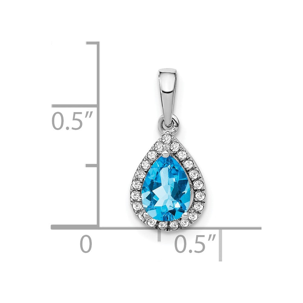 14k White Gold Pear Blue Topaz and Diamond Halo Pendant (0.95 grams)