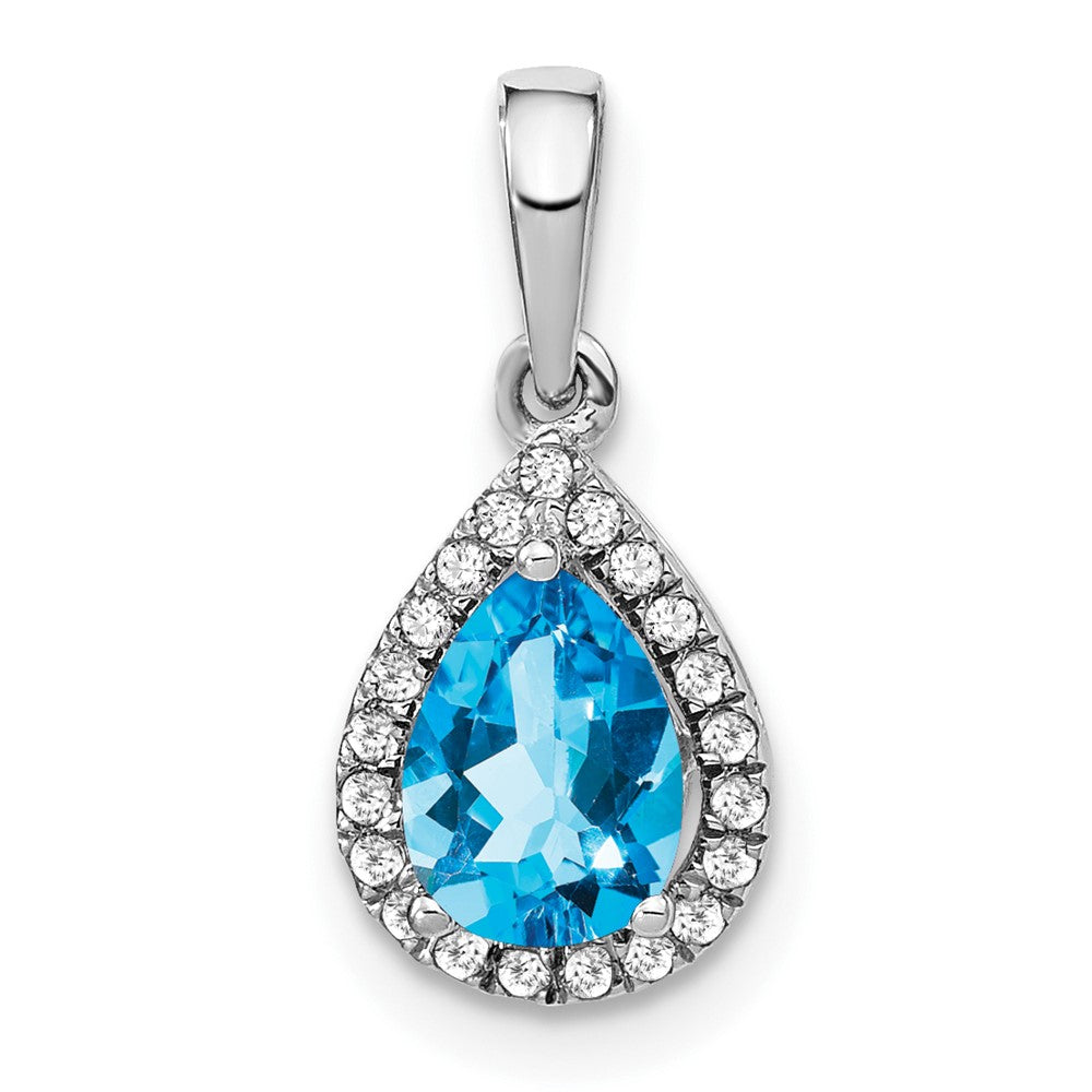 14k White Gold Pear Blue Topaz and Diamond Halo Pendant (0.95 grams)