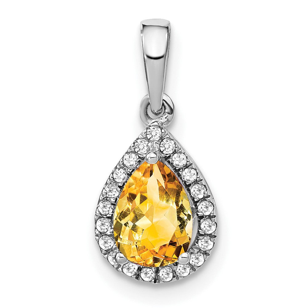 14k White Gold Pear Citrine and Diamond Halo Pendant (0.95 grams)