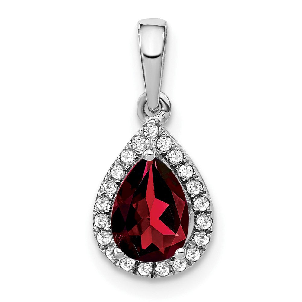 14k White Gold Pear Garnet and Diamond Halo Pendant (0.95 grams)
