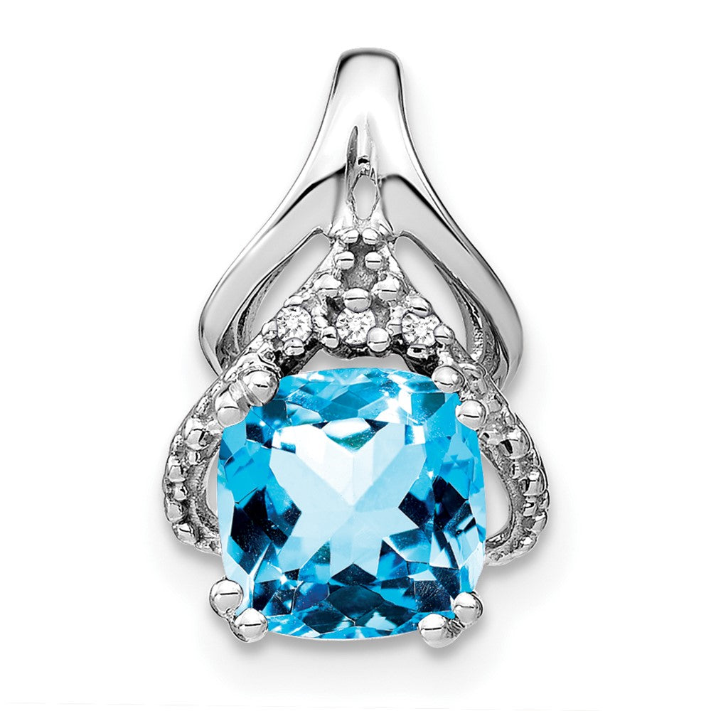 14k White Gold Cushion Blue Topaz and Diamond Pendant (1.45 grams)