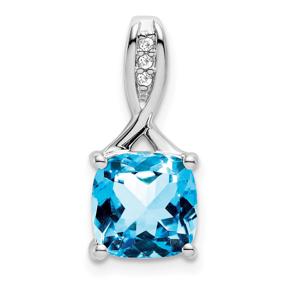 14k White Gold Cushion Blue Topaz and Diamond Pendant (1.15 grams)