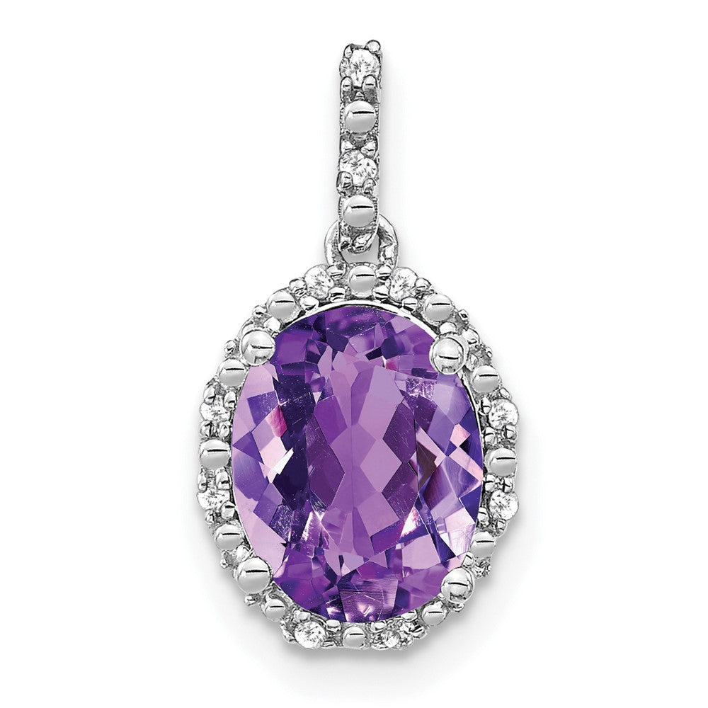 14k White Gold Oval Amethyst and Diamond Halo Pendant (1.25 grams)