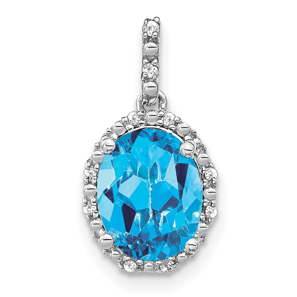 14k White Gold Oval Blue Topaz and Diamond Halo Pendant (1.25 grams)