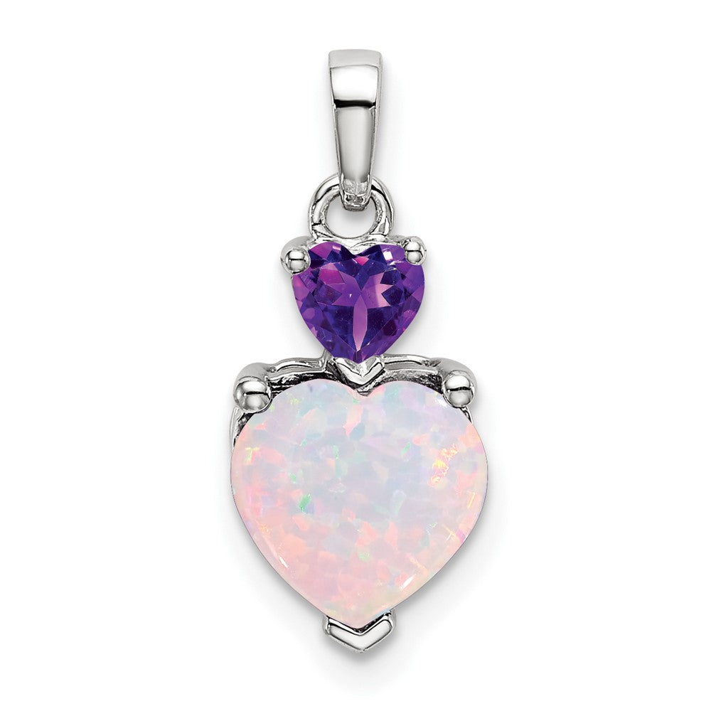 14k White Gold Heart Created Opal and Amethyst Pendant (0.85 grams)