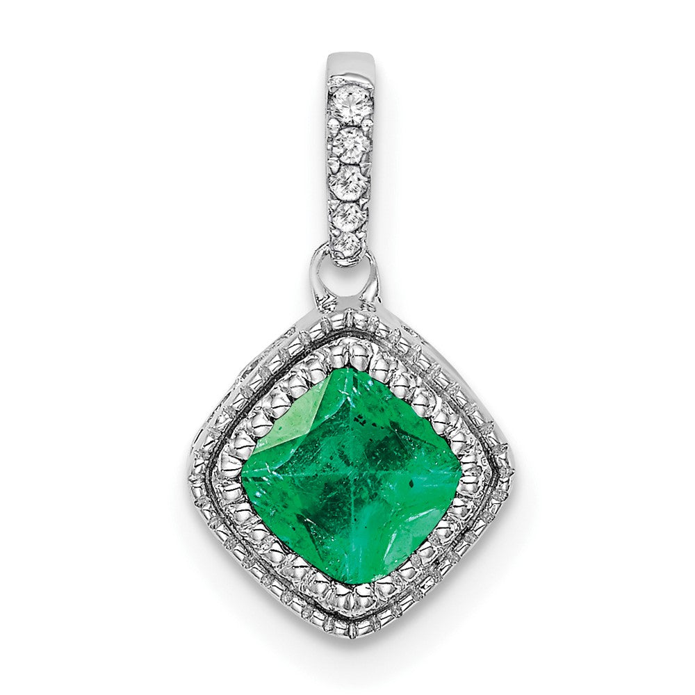 14k White Gold Cushion Emerald and Diamond Pendant (1.1 grams)