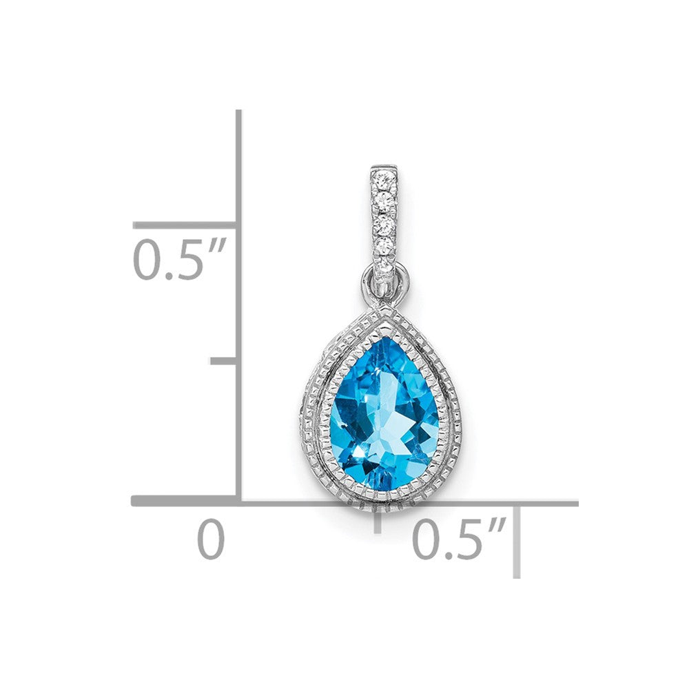14k White Gold Pear Blue Topaz and Diamond Pendant (1.25 grams)