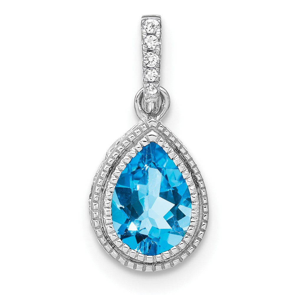 14k White Gold Pear Blue Topaz and Diamond Pendant (1.25 grams)