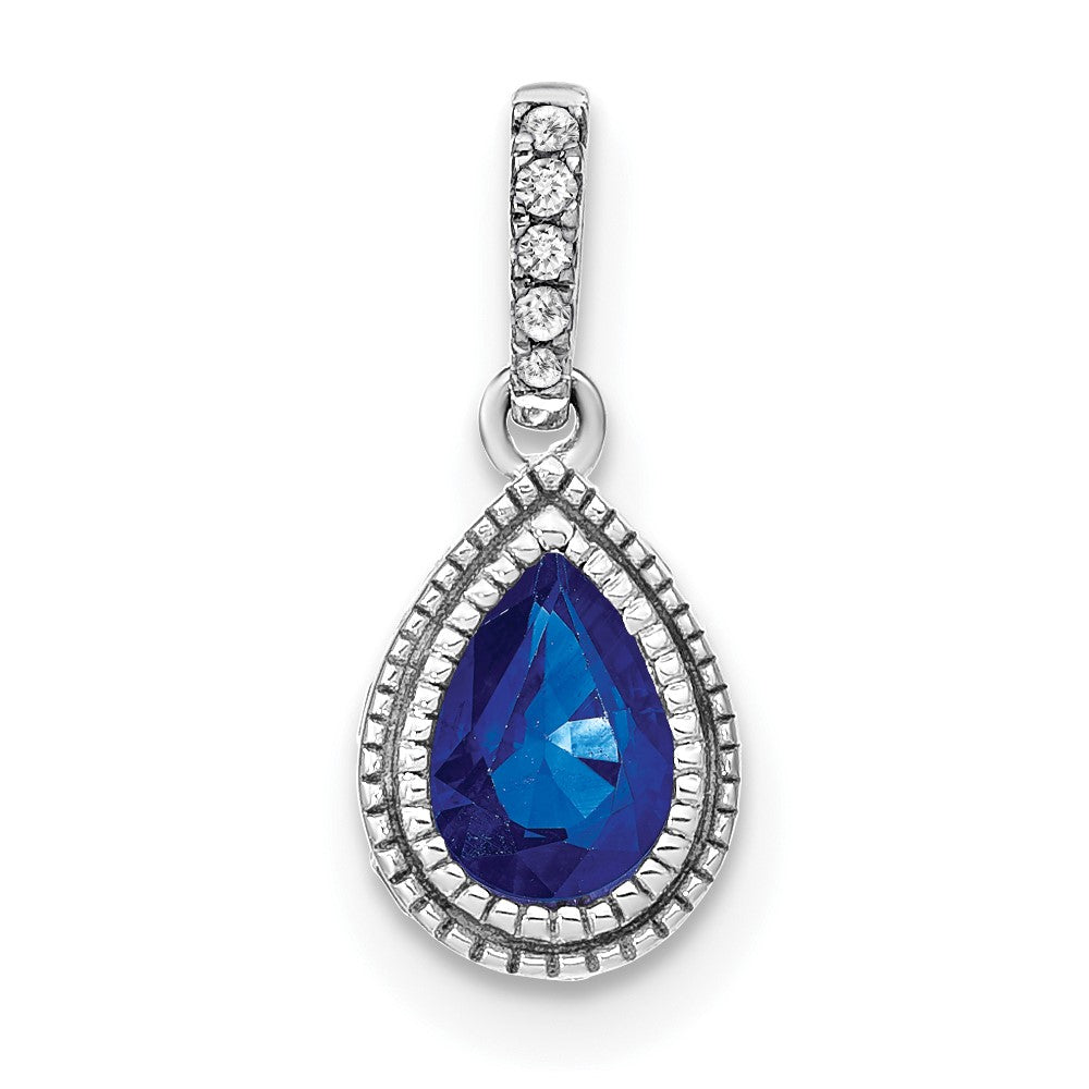 14k White Gold Pear Sapphire and Diamond Pendant (1.05 grams)