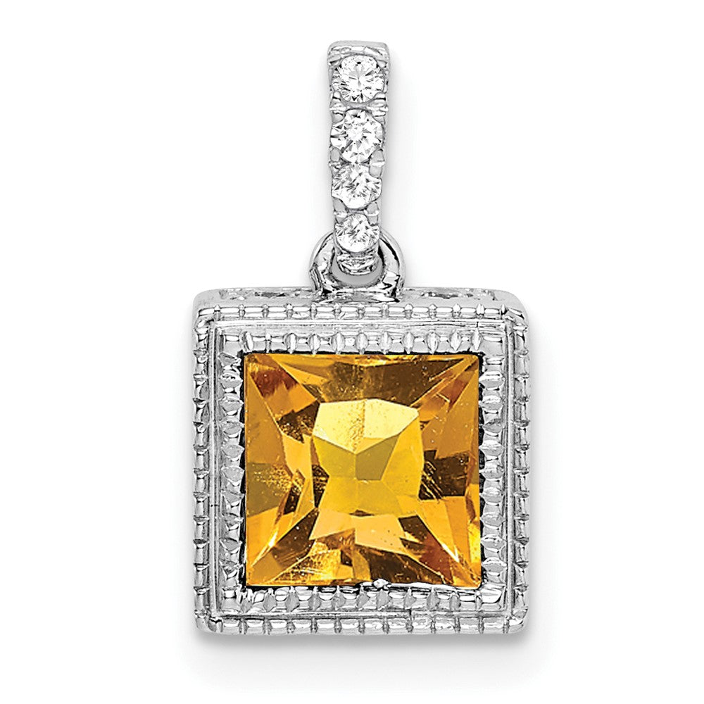 14k White Gold Square Citrine and Diamond Pendant (1.55 grams)
