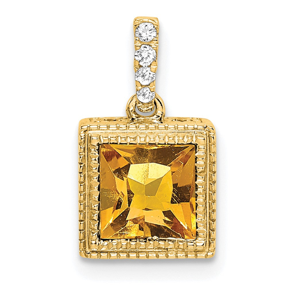 14k Square Citrine and Diamond Pendant (1.55 grams)