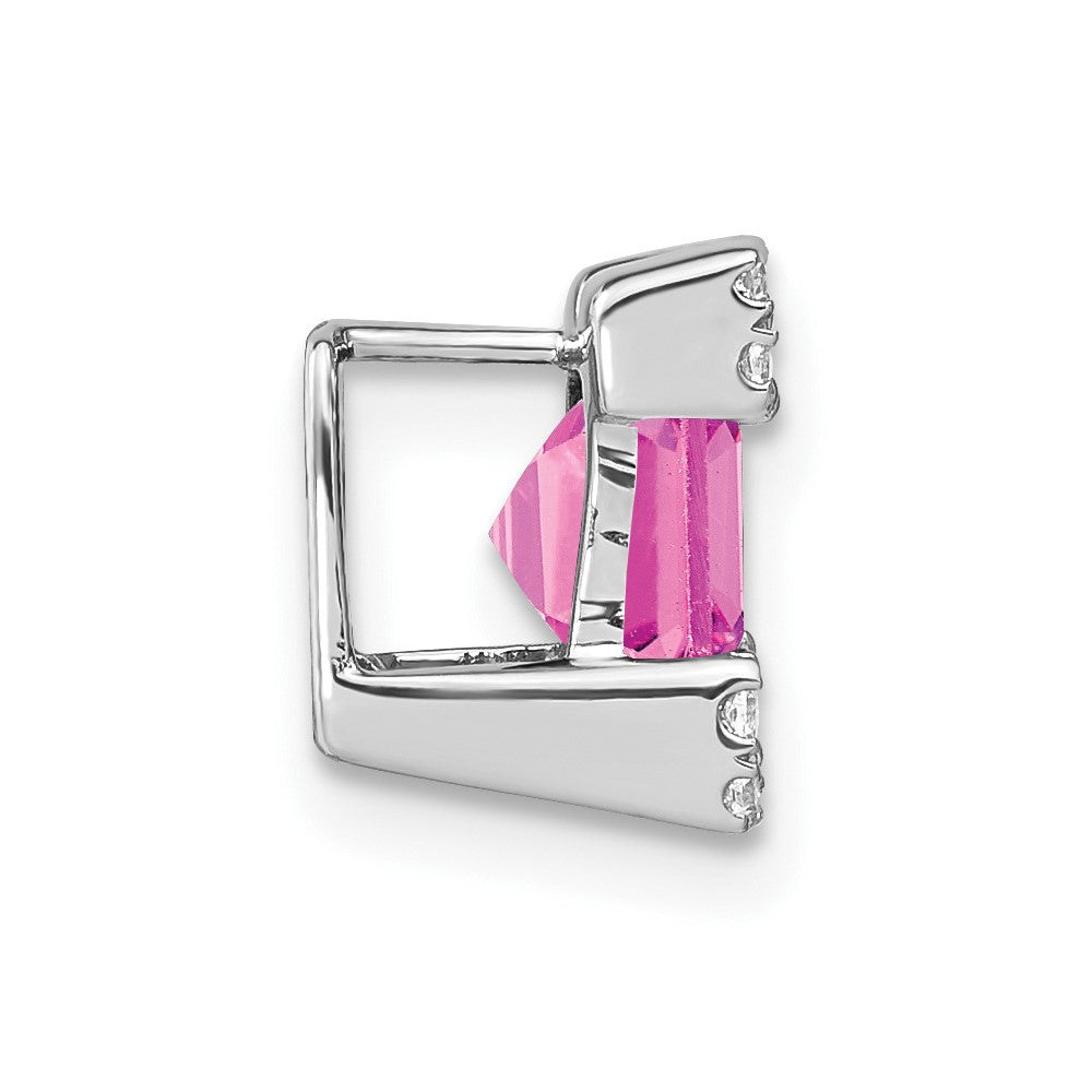 14k White Gold Square Created Pink Sapphire/Diamond Chain Slide (1.3 grams)