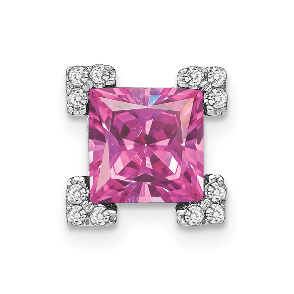 14k White Gold Square Created Pink Sapphire/Diamond Chain Slide (1.3 grams)