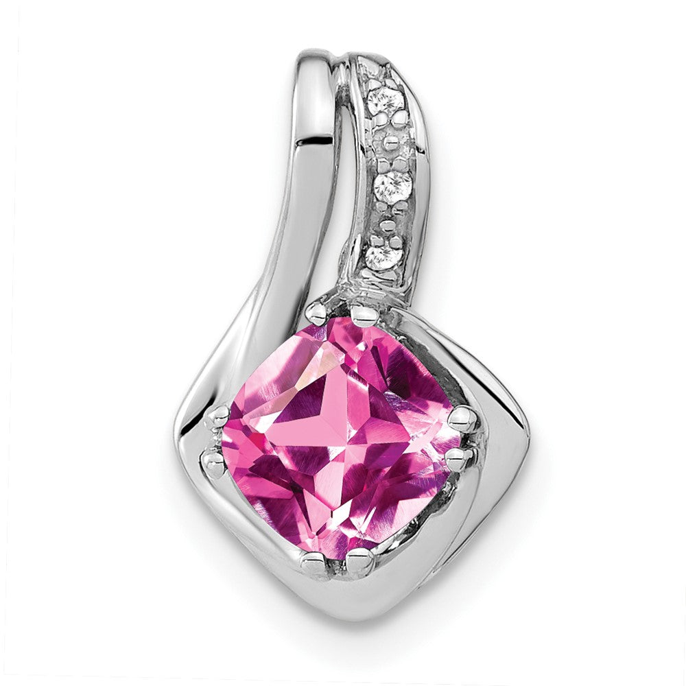 14k White Gold Created Pink Sapphire and Diamond Pendant (1.25 grams)