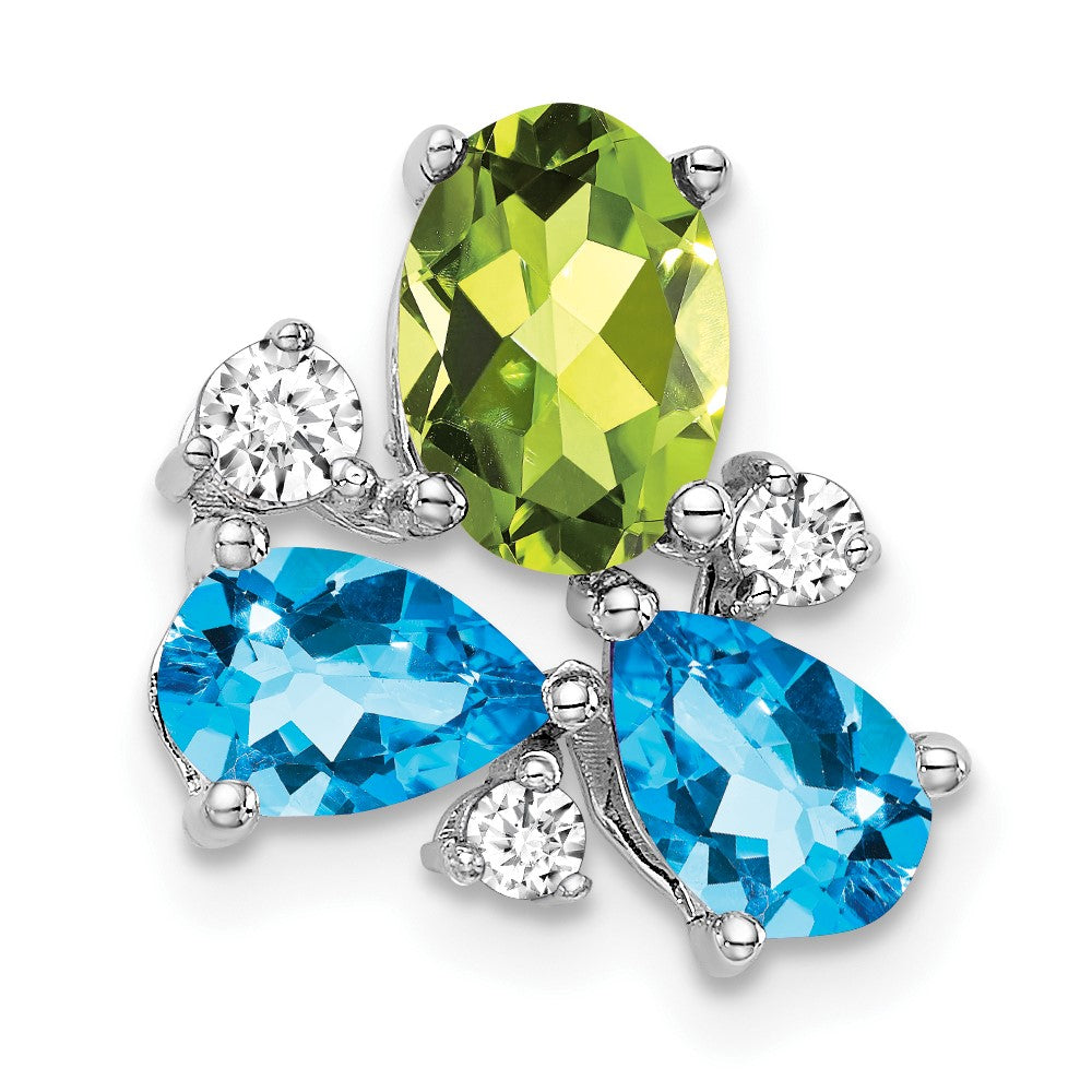 14k White Gold Blue Topaz/Peridot/Diamond Chain Slide (1 grams)