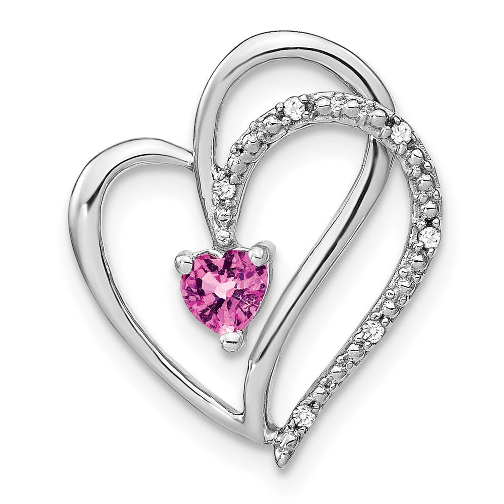 14k White Gold Pink Sapphire and Diamond Heart Chain Slide (1.7 grams)