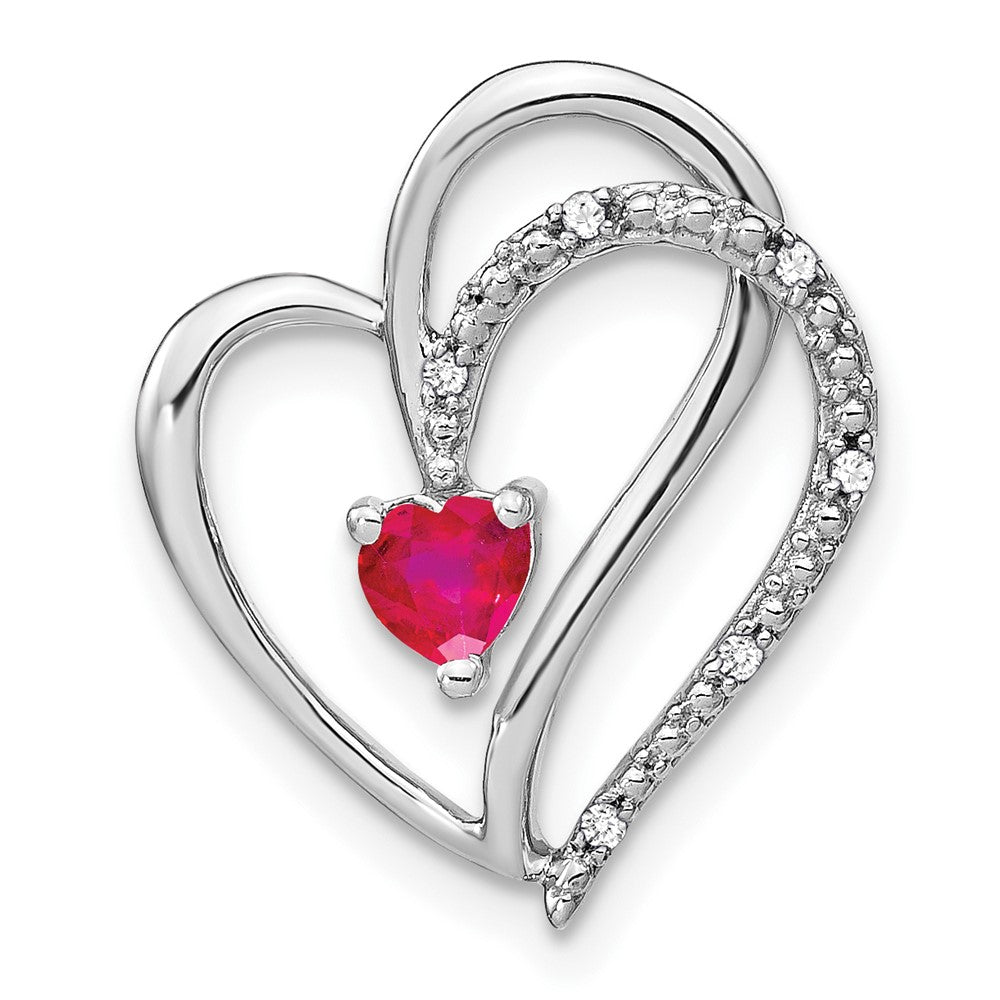 14k White Gold Ruby and Diamond Heart Chain Slide (1.7 grams)