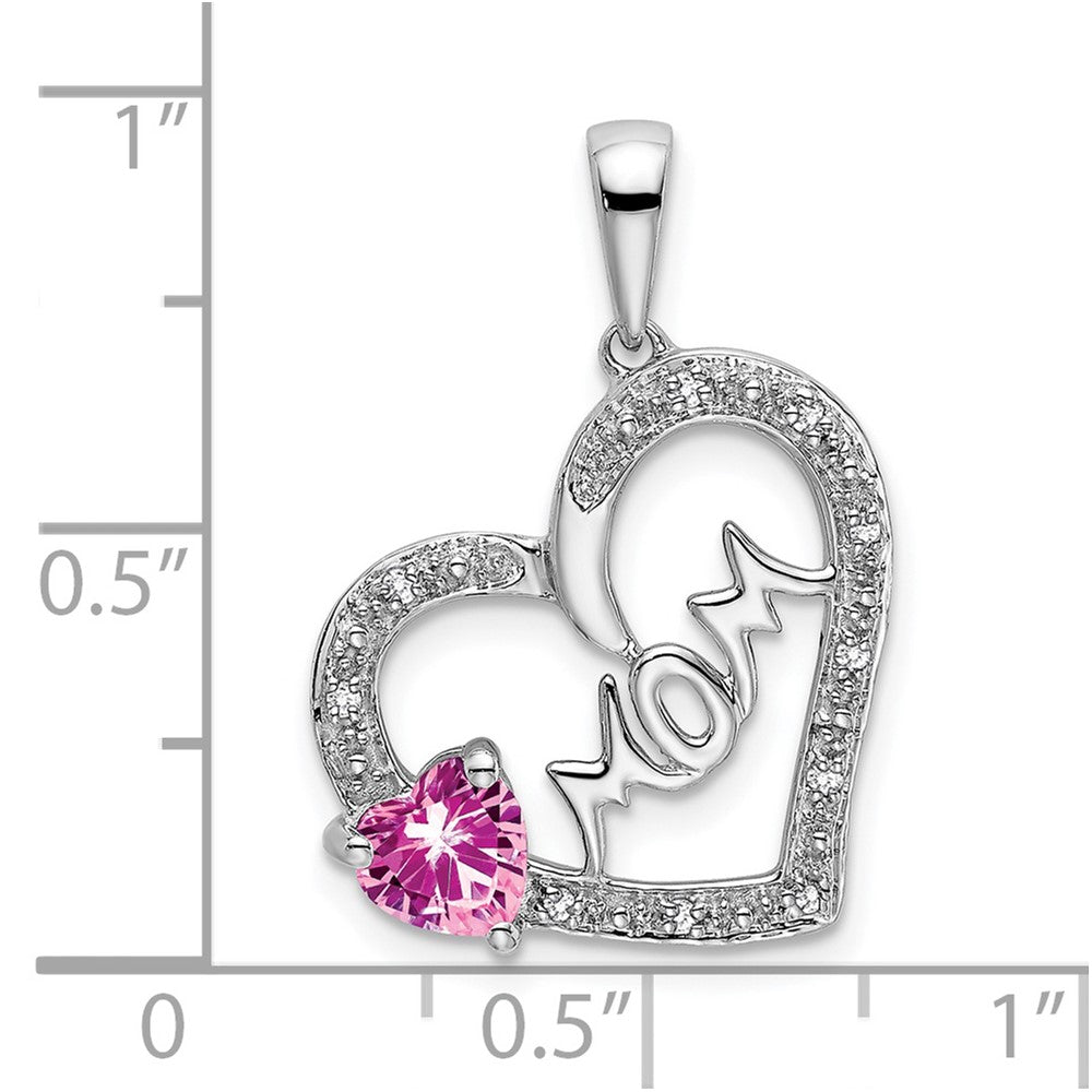 14k White Gold Pink Sapphire and Diamond MOM Heart Pendant (1.65 grams)