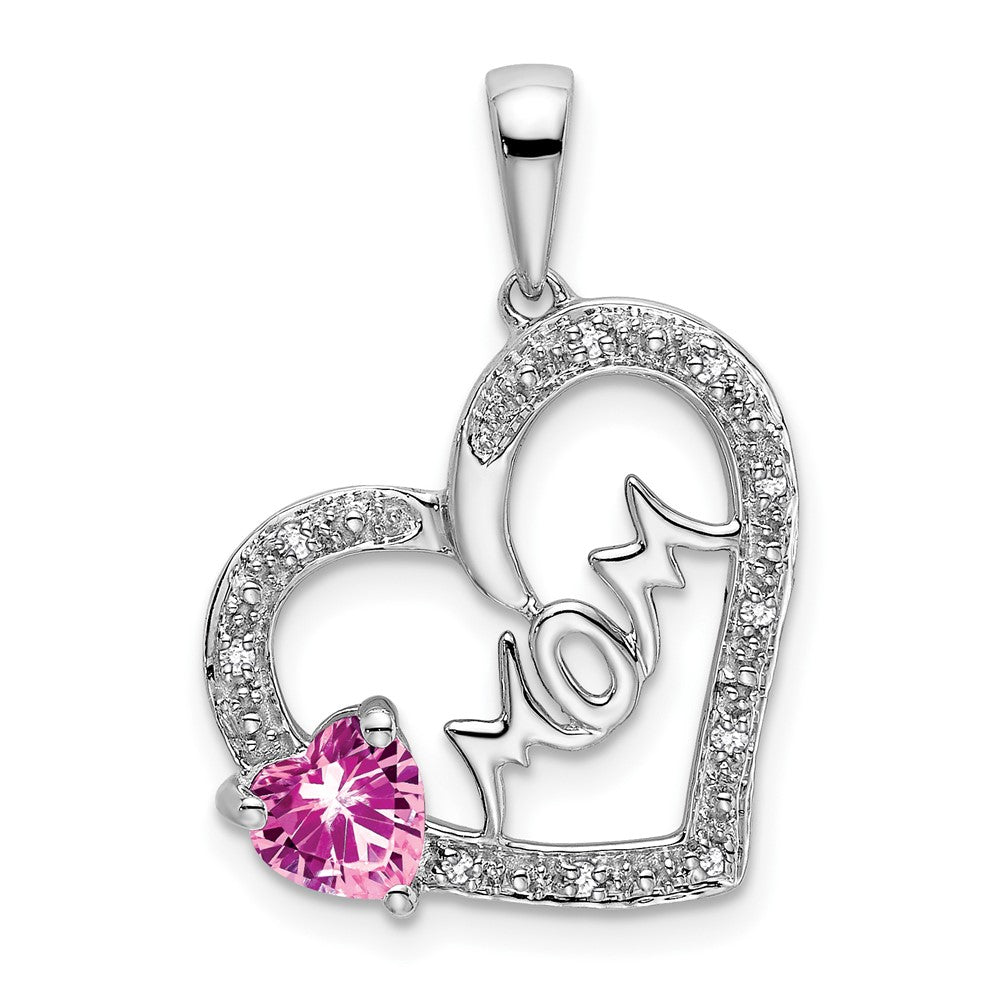 14k White Gold Pink Sapphire and Diamond MOM Heart Pendant (1.65 grams)