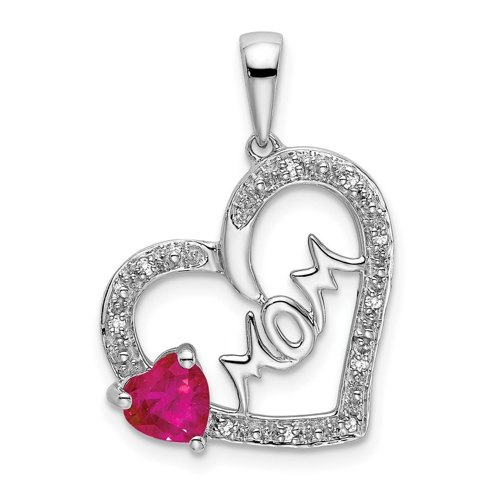 14k White Gold Ruby and Diamond MOM Heart Pendant (1.7 grams)