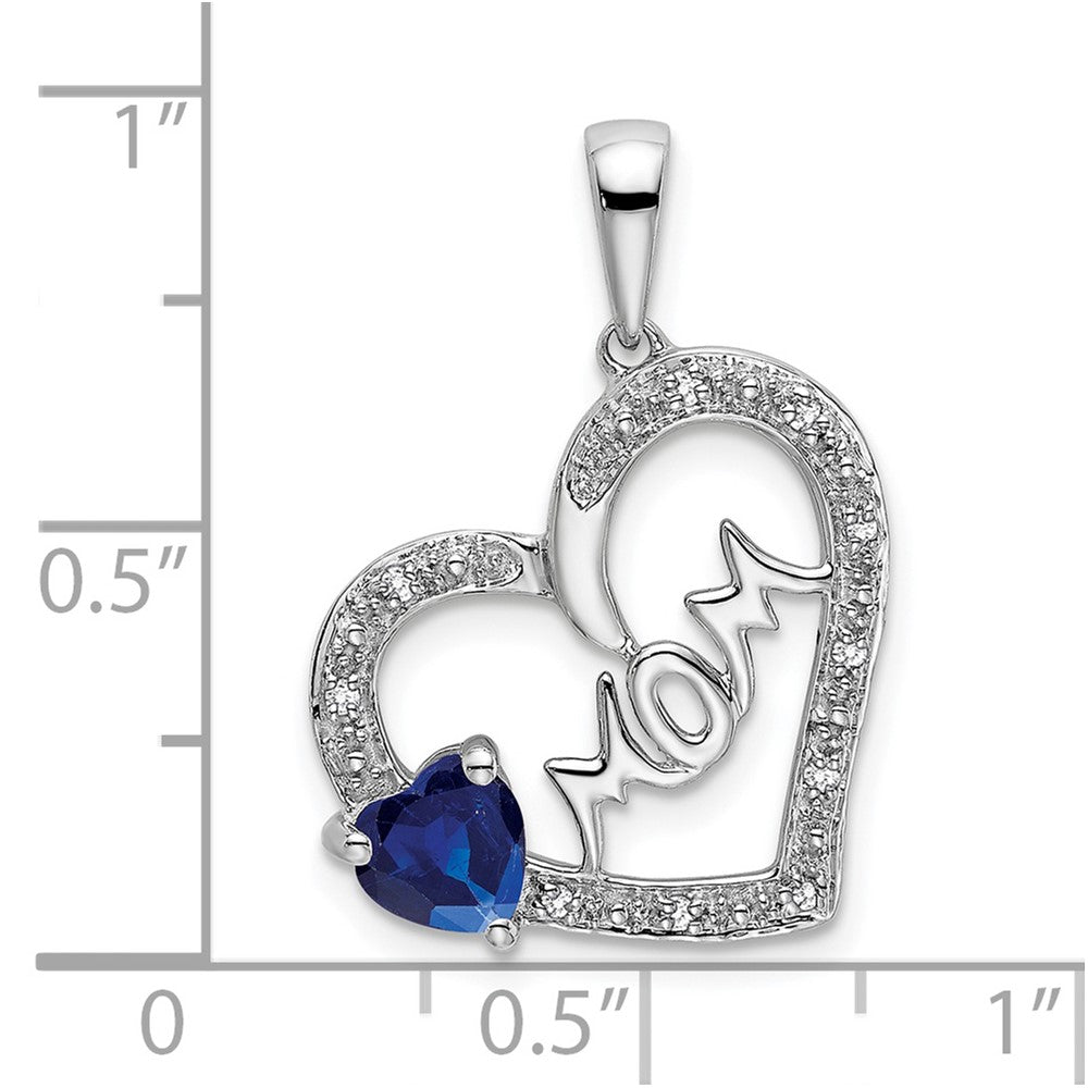 14k White Gold Sapphire and Diamond MOM Heart Pendant (1.7 grams)