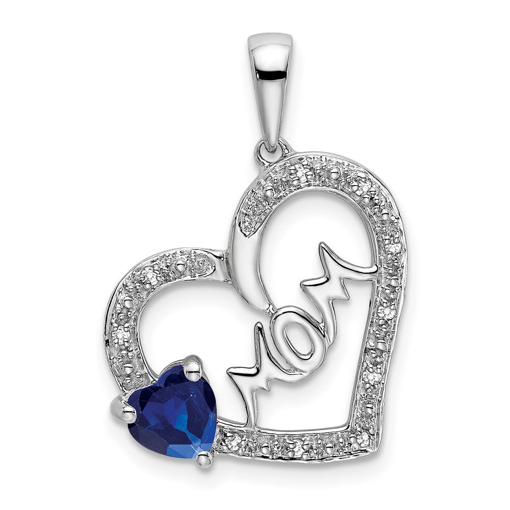 14k White Gold Sapphire and Diamond MOM Heart Pendant (1.7 grams)