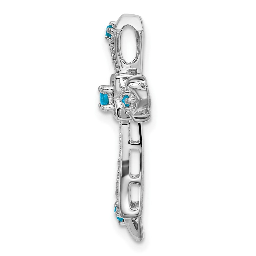 14k White Gold Blue Topaz and Diamond Fleur de Lis Cross Chain Slide (2.2 grams)