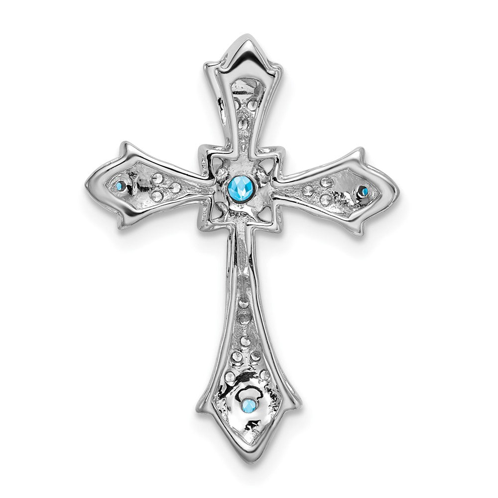14k White Gold Blue Topaz and Diamond Fleur de Lis Cross Chain Slide (2.2 grams)