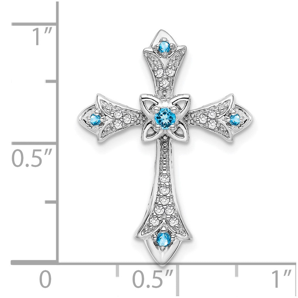 14k White Gold Blue Topaz and Diamond Fleur de Lis Cross Chain Slide (2.2 grams)