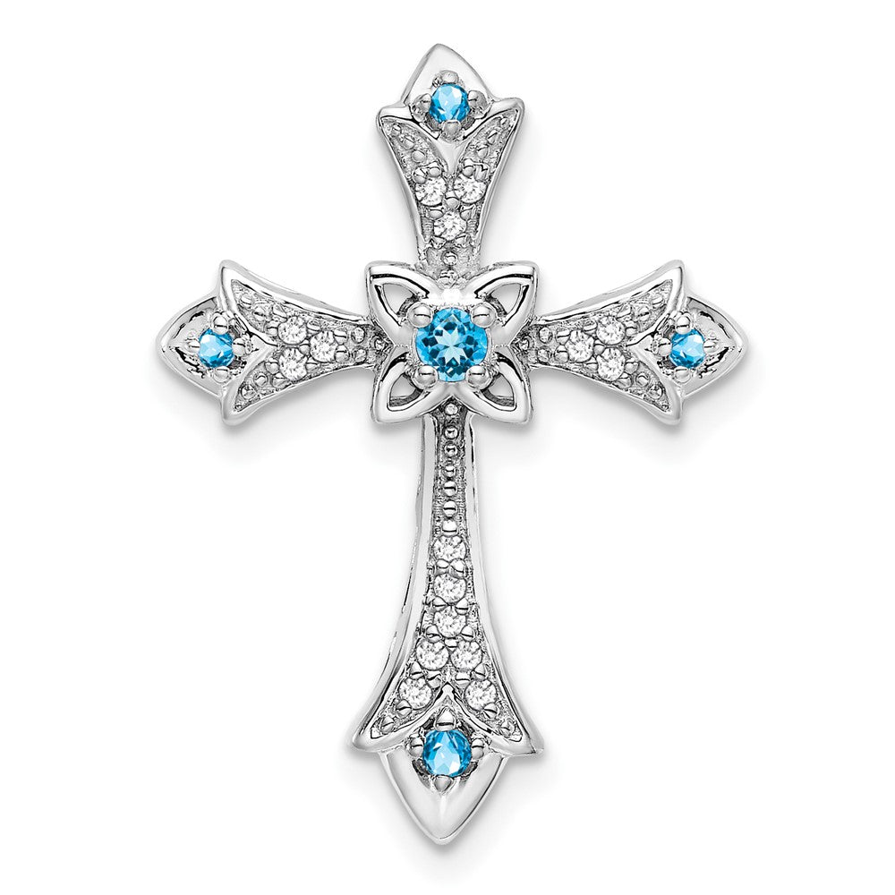 14k White Gold Blue Topaz and Diamond Fleur de Lis Cross Chain Slide (2.2 grams)