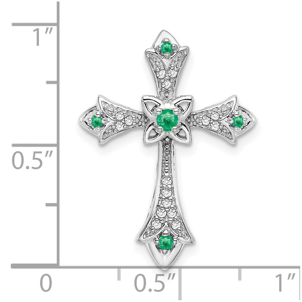 14k White Gold Emerald and Diamond Fleur de Lis Cross Chain Slide (2.2 grams)