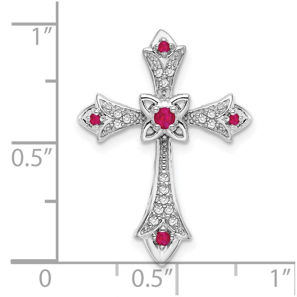 14k White Gold Ruby and Diamond Fleur de Lis Cross Chain Slide (2.2 grams)
