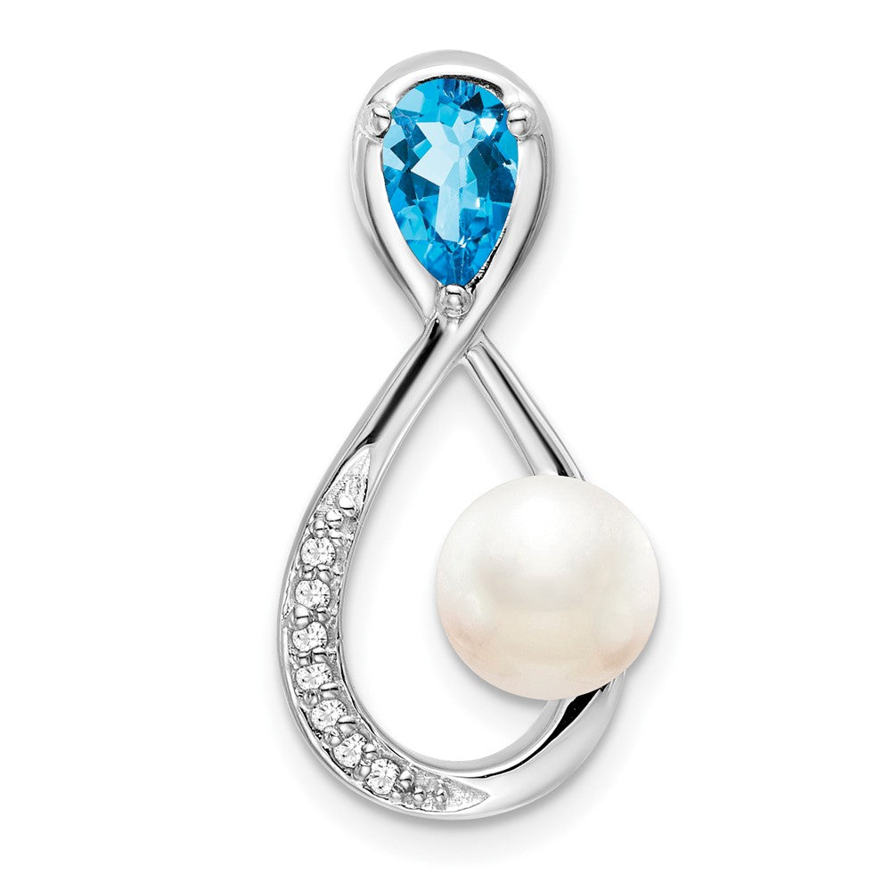 14k White Gold Blue Topaz/FWC Pearl/Diamond Infinity Chain Slide (2.35 grams)