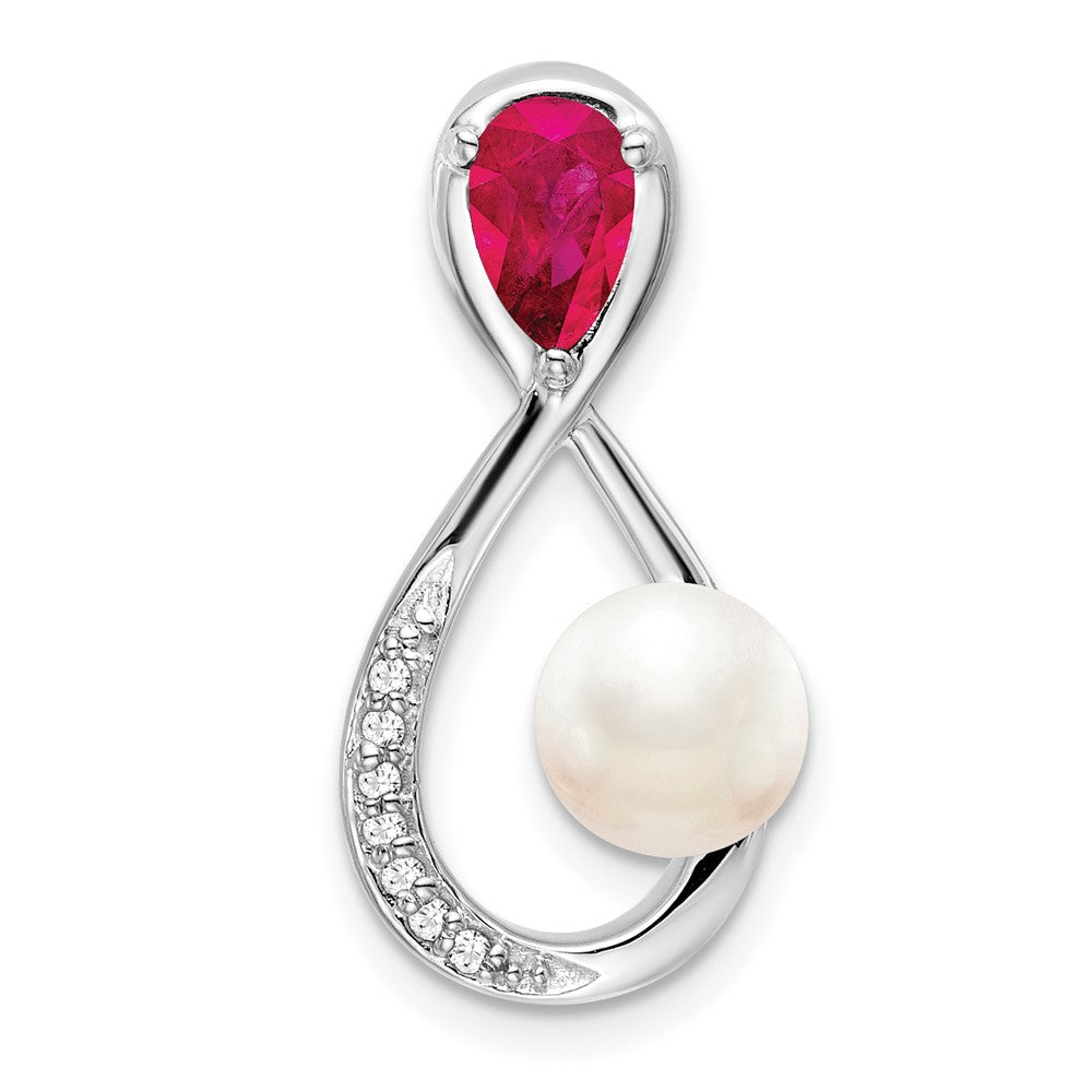 14k White Gold Ruby/FWC Pearl/Diamond Infinity Chain Slide (2.35 grams)
