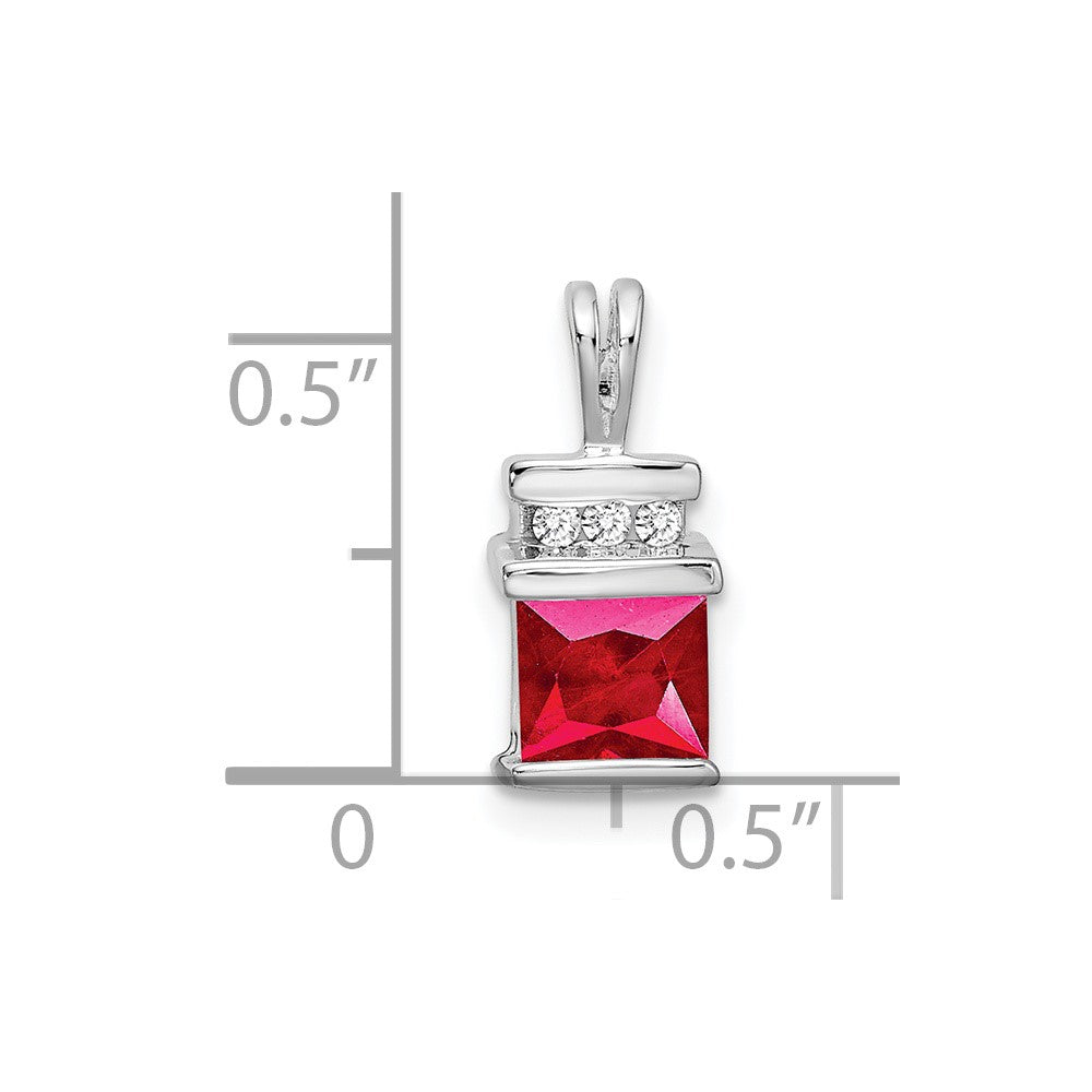 14k White Gold Square Ruby and Diamond Pendant (1.1 grams)