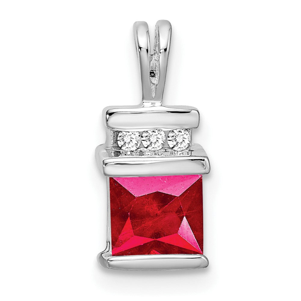 14k White Gold Square Ruby and Diamond Pendant (1.1 grams)