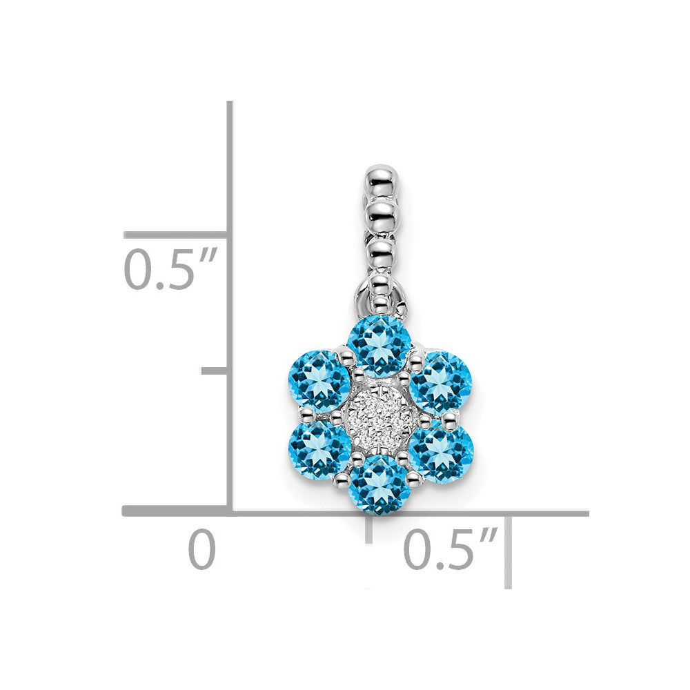 14k White Gold Blue Topaz and Diamond Floral Pendant (1.15 grams)