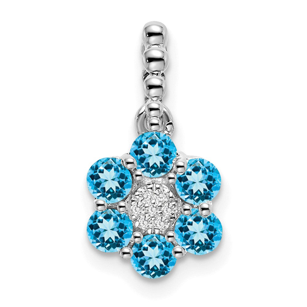 14k White Gold Blue Topaz and Diamond Floral Pendant (1.15 grams)