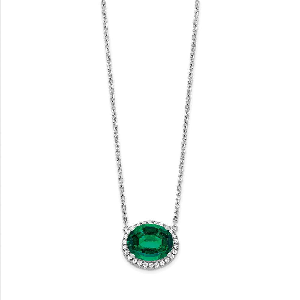 14k White Gold 10.8 mm Oval Created Emerald/Diamond in. Halo Necklace (2.23 grams)